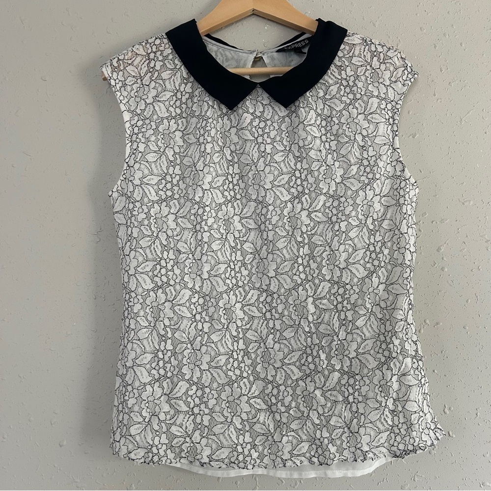 Express White Black Lace Collared Blouse Formal Office Party Neutral Medium